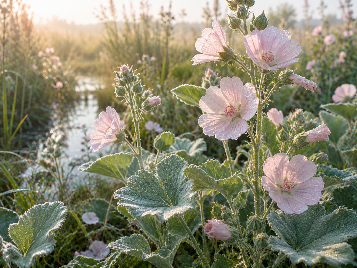 Pale pink marsh mallow flowers and soft green leaves covered in morning dew beside a wetland.