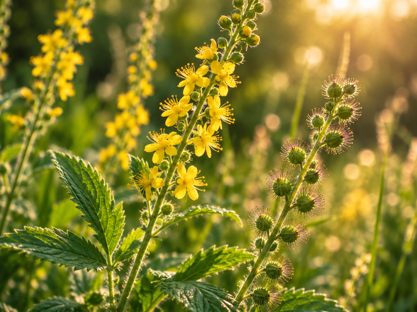 Yellow agrimony flowers and hooked seed heads glowing in warm meadow sunlight.