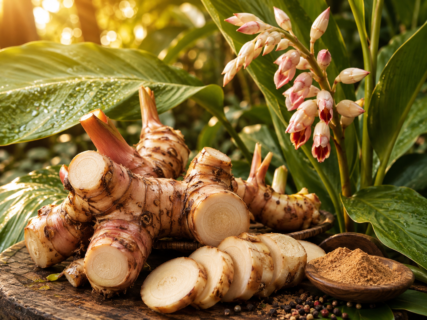 Fresh galangal rhizomes and sliced creamy flesh beside broad tropical leaves and pink-white flowers in warm sunlight.