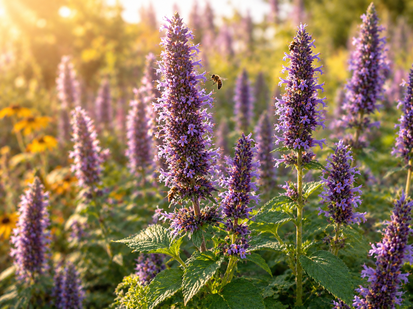 Purple anise hyssop flower spikes with bees feeding among the blooms in warm golden sunlight.