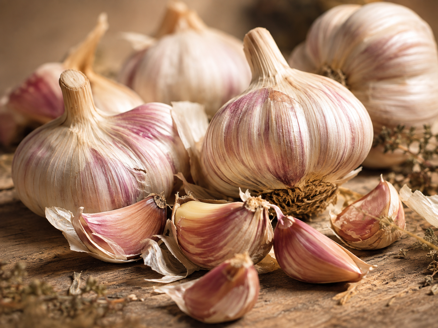 Garlic bulbs and cloves with purple-streaked papery skins in warm natural light.