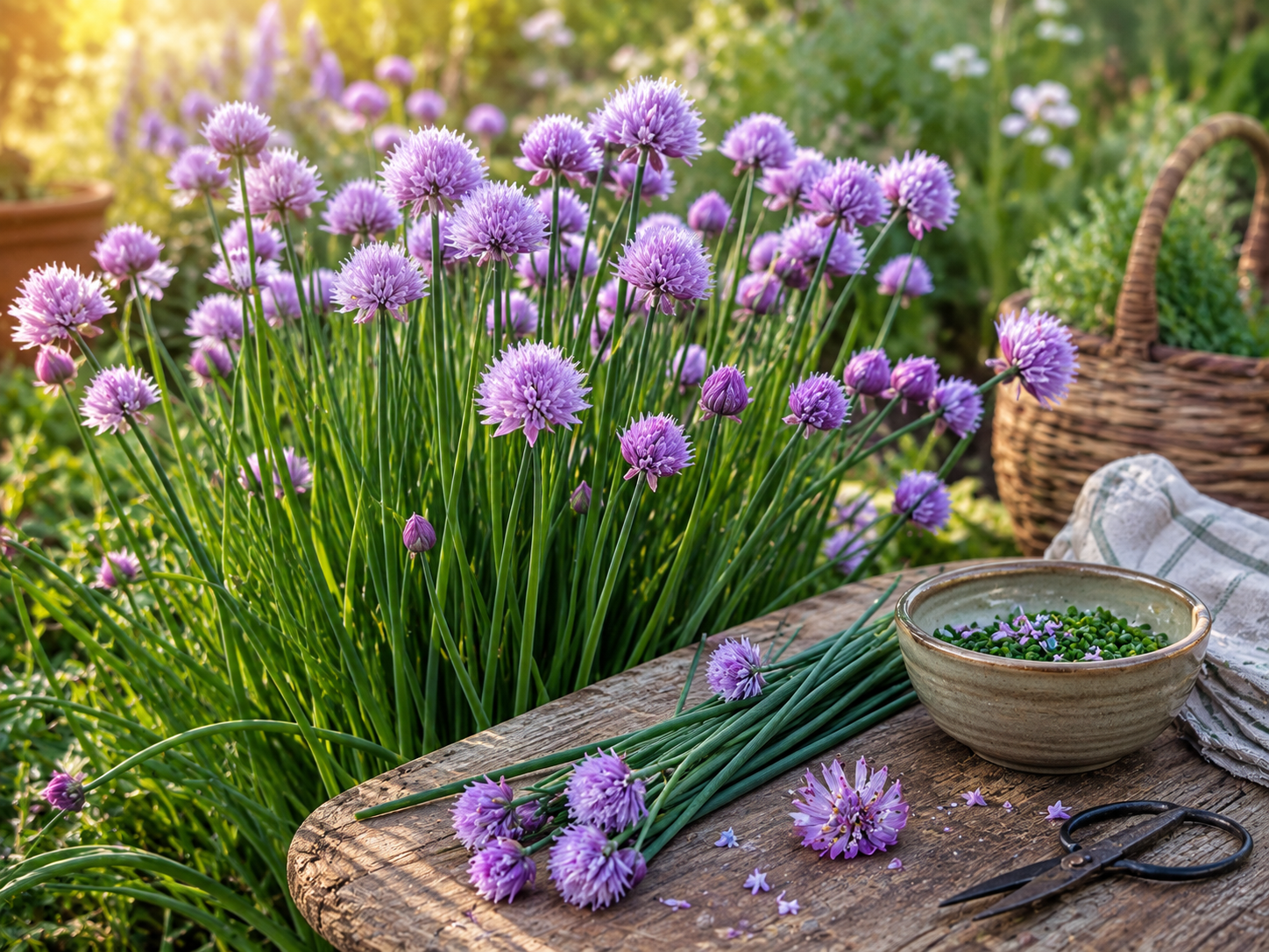 Purple chive blossoms and slender green leaves growing beside freshly harvested chives in warm garden sunlight.