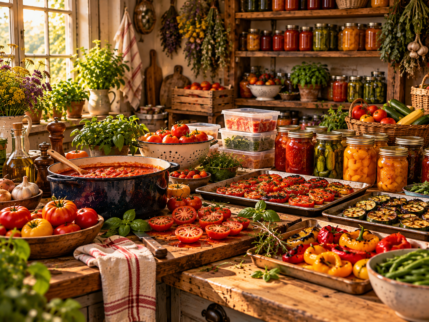 August garden harvest being preserved with tomatoes, peppers, zucchini, herbs, pickles and homemade sauce