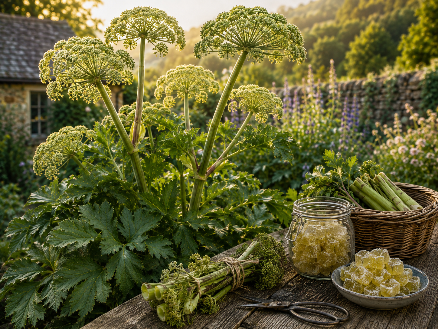 European angelica with tall green stems and rounded flower umbels beside harvested stalks and candied angelica in warm garden sunlight.