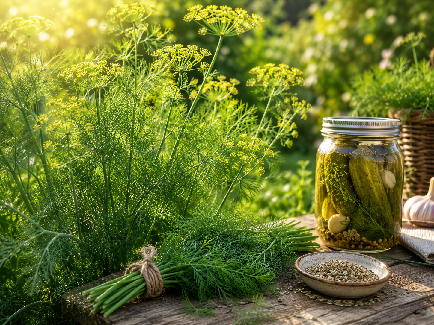 Feathery green dill with yellow flower umbels beside fresh dill, dill seed and a jar of pickles in warm garden sunlight.