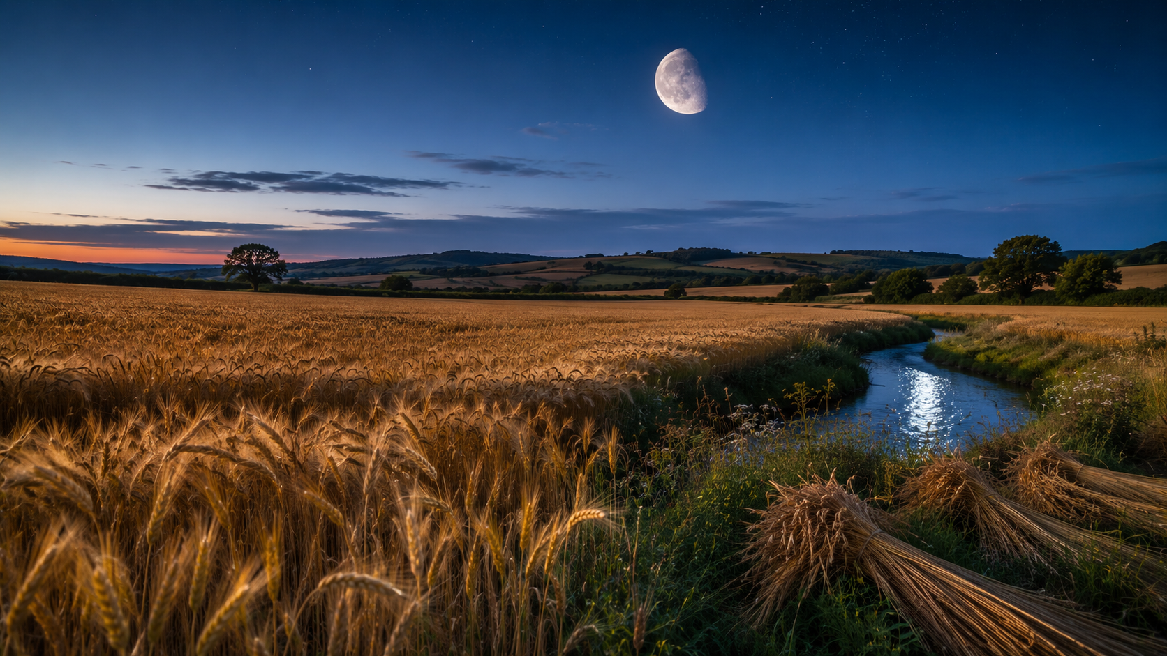 Waning gibbous moon shining over a golden grain field and winding stream at blue hour.