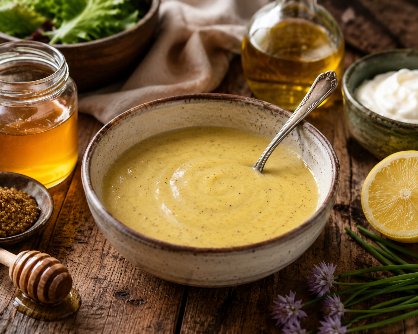 Creamy Greek yogurt honey mustard dressing in a rustic ceramic bowl with honey, Dijon mustard, yogurt, and fresh chives