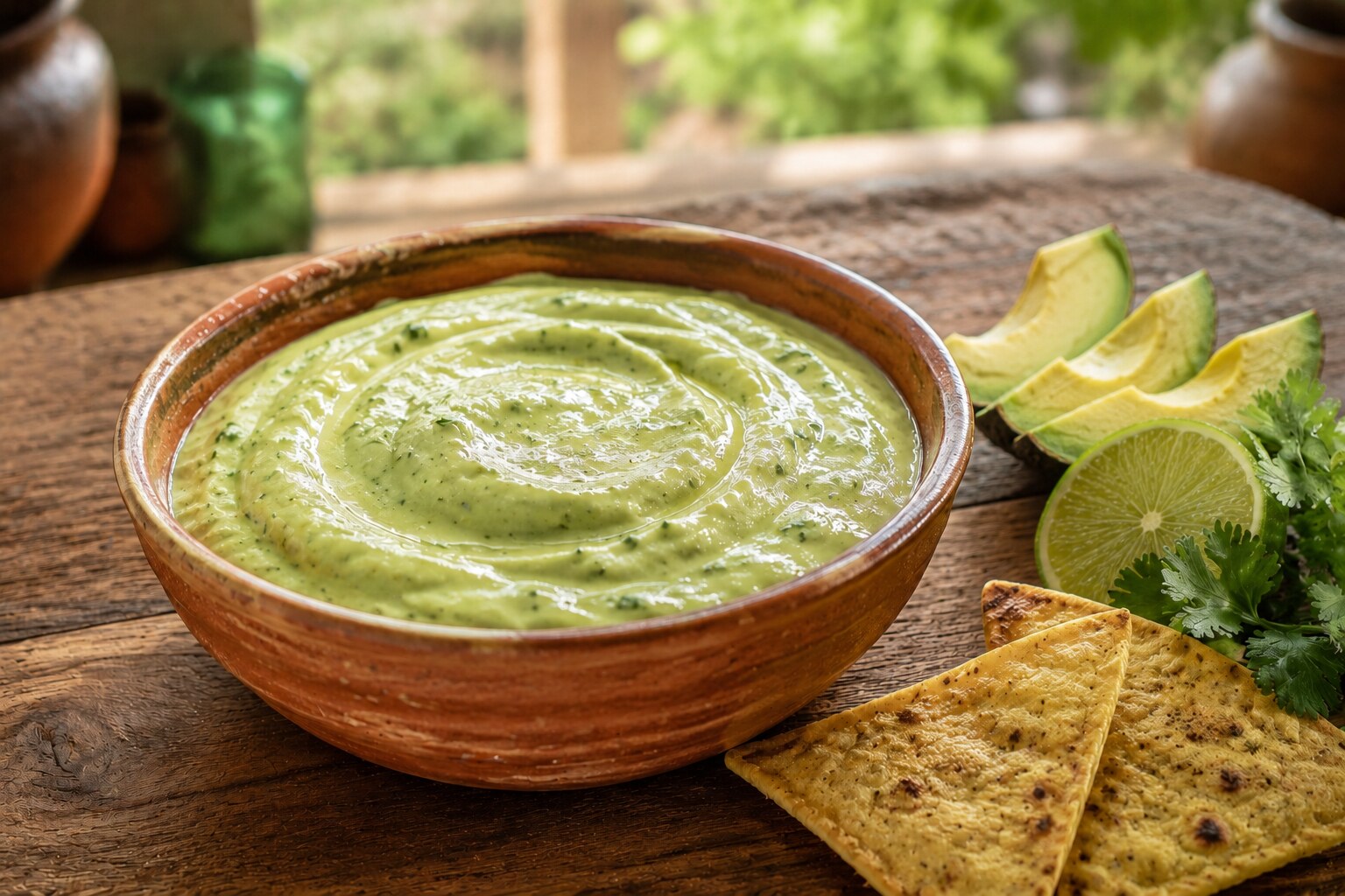 Creamy avocado-lime Greek yogurt sauce in a terracotta bowl with avocado slices, lime, cilantro, and tortilla pieces