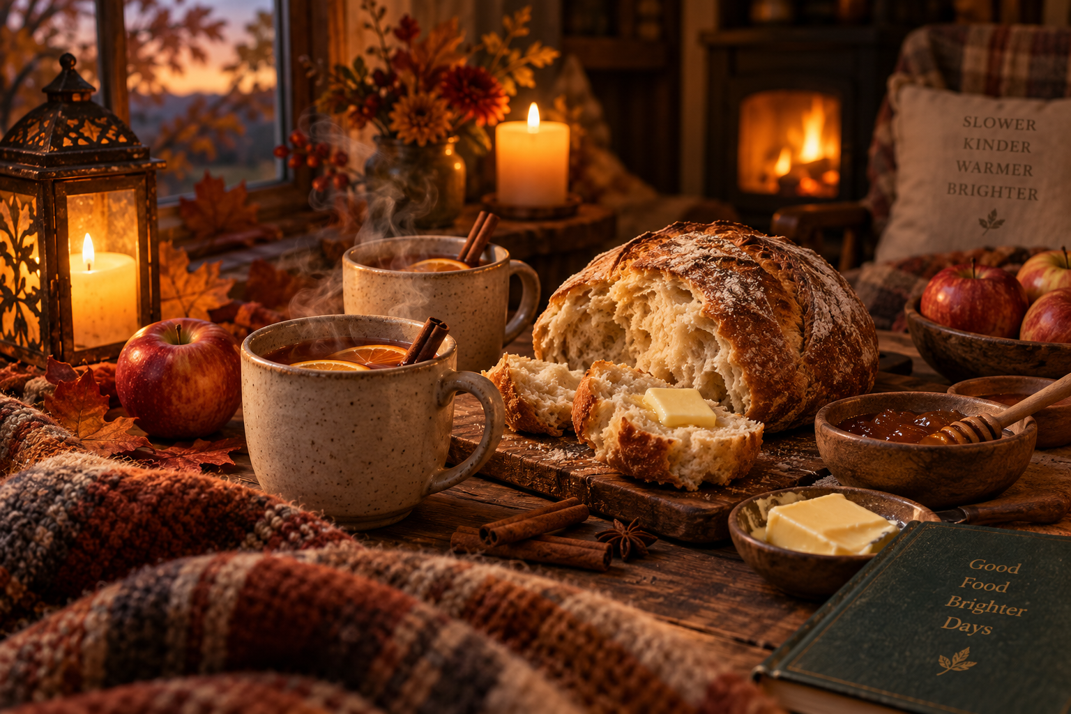 Cozy autumn evening ideas with warm apple cider, fresh bread, apples and candlelight