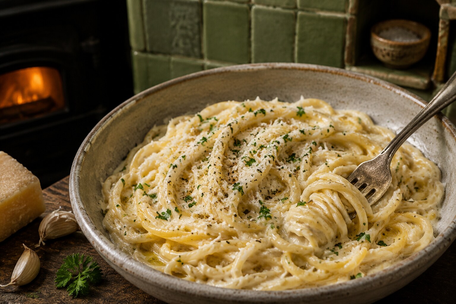Close-up of creamy Greek yogurt pasta with Parmesan, black pepper, and parsley beside a sage-green tiled cottage range