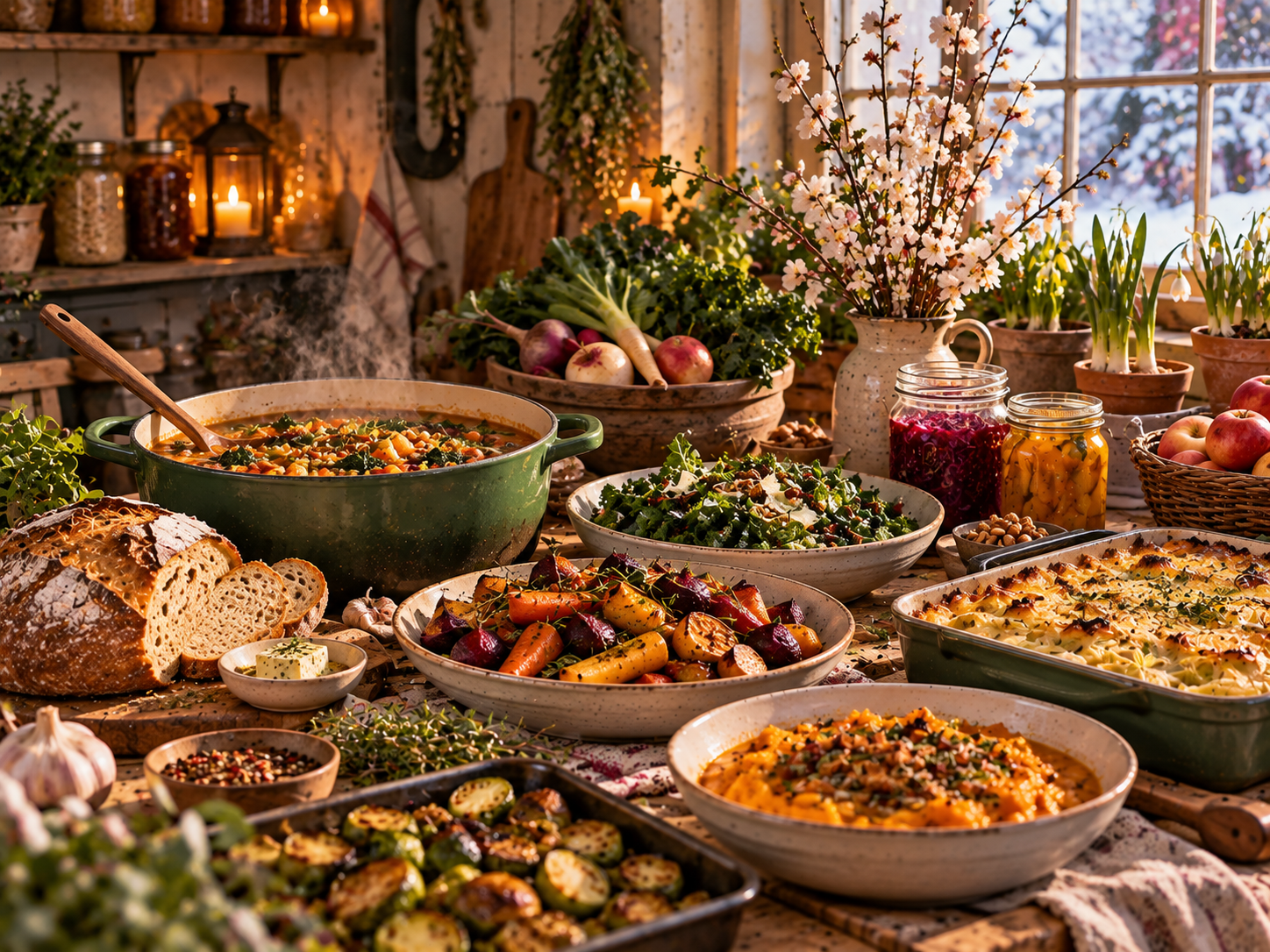 February garden recipes with winter greens, root vegetables, soup, roasted vegetables and early spring growth in a cozy kitchen