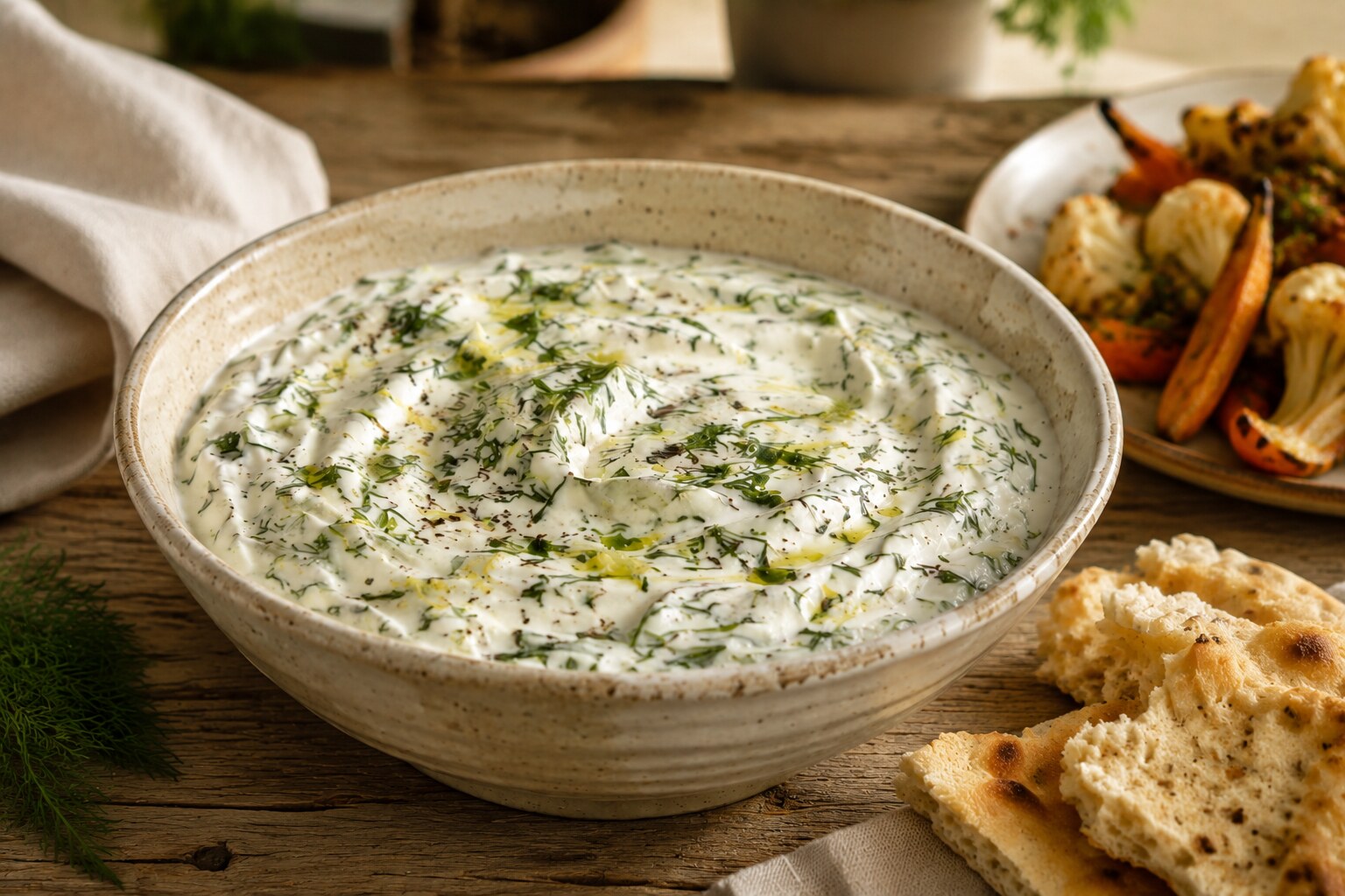 Creamy garlic-herb Greek yogurt sauce in a handmade ceramic bowl with rustic flatbread and roasted vegetables