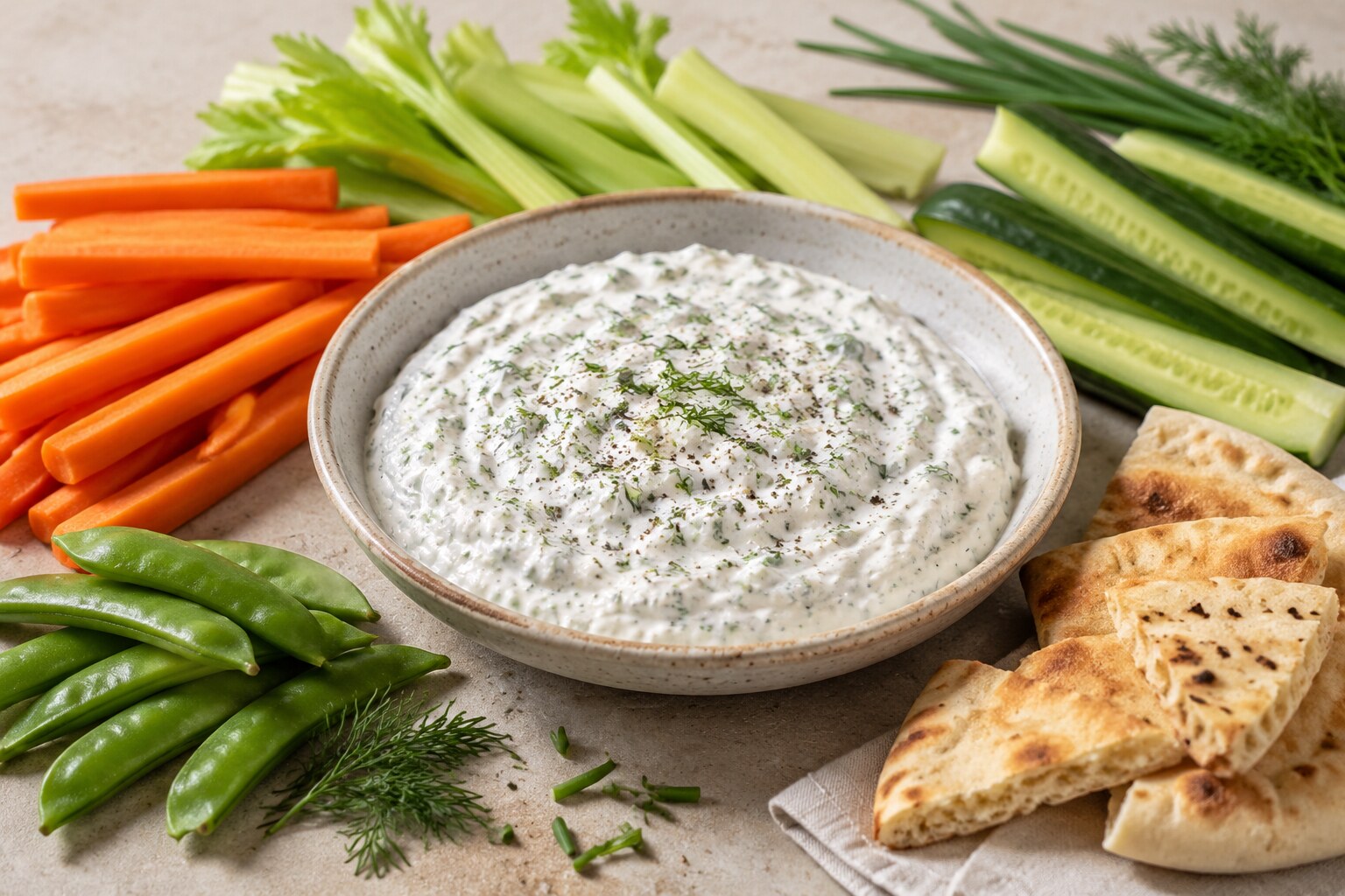 A bowl of creamy Greek yogurt ranch dip flecked with dill, chives, parsley, and black pepper, surrounded by fresh vegetables and flatbread.