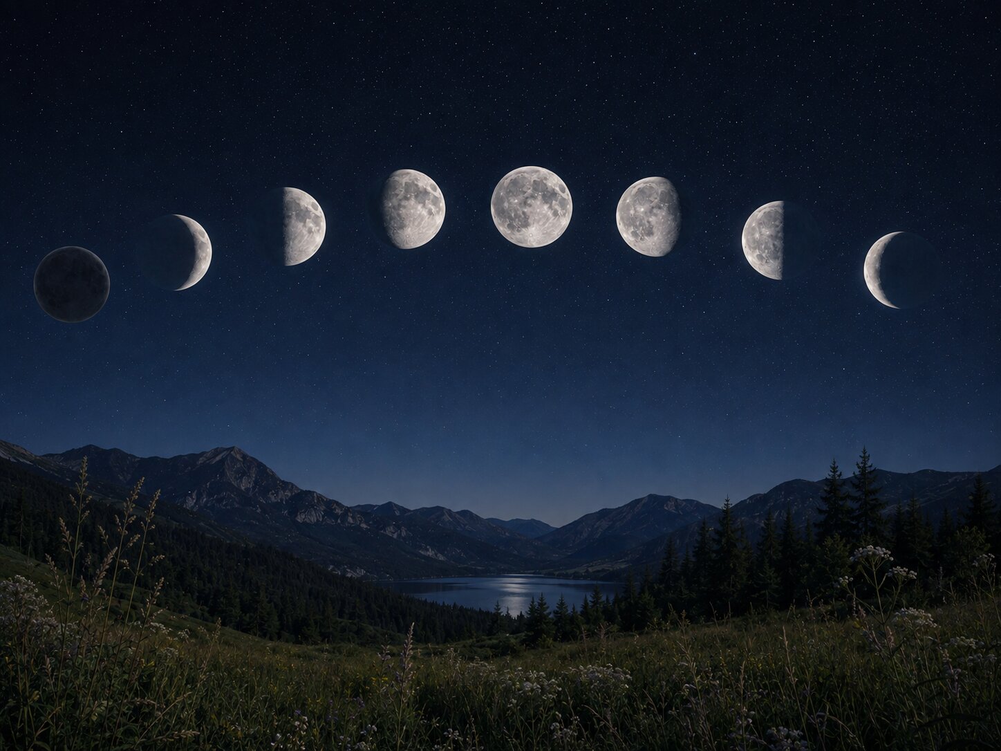 The eight moon phases arranged in sequence from new moon through waxing, full moon, and waning phases.
