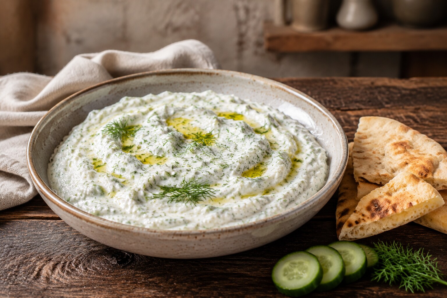Creamy homemade tzatziki with cucumber, dill, and olive oil in a handmade ceramic bowl with warm pita