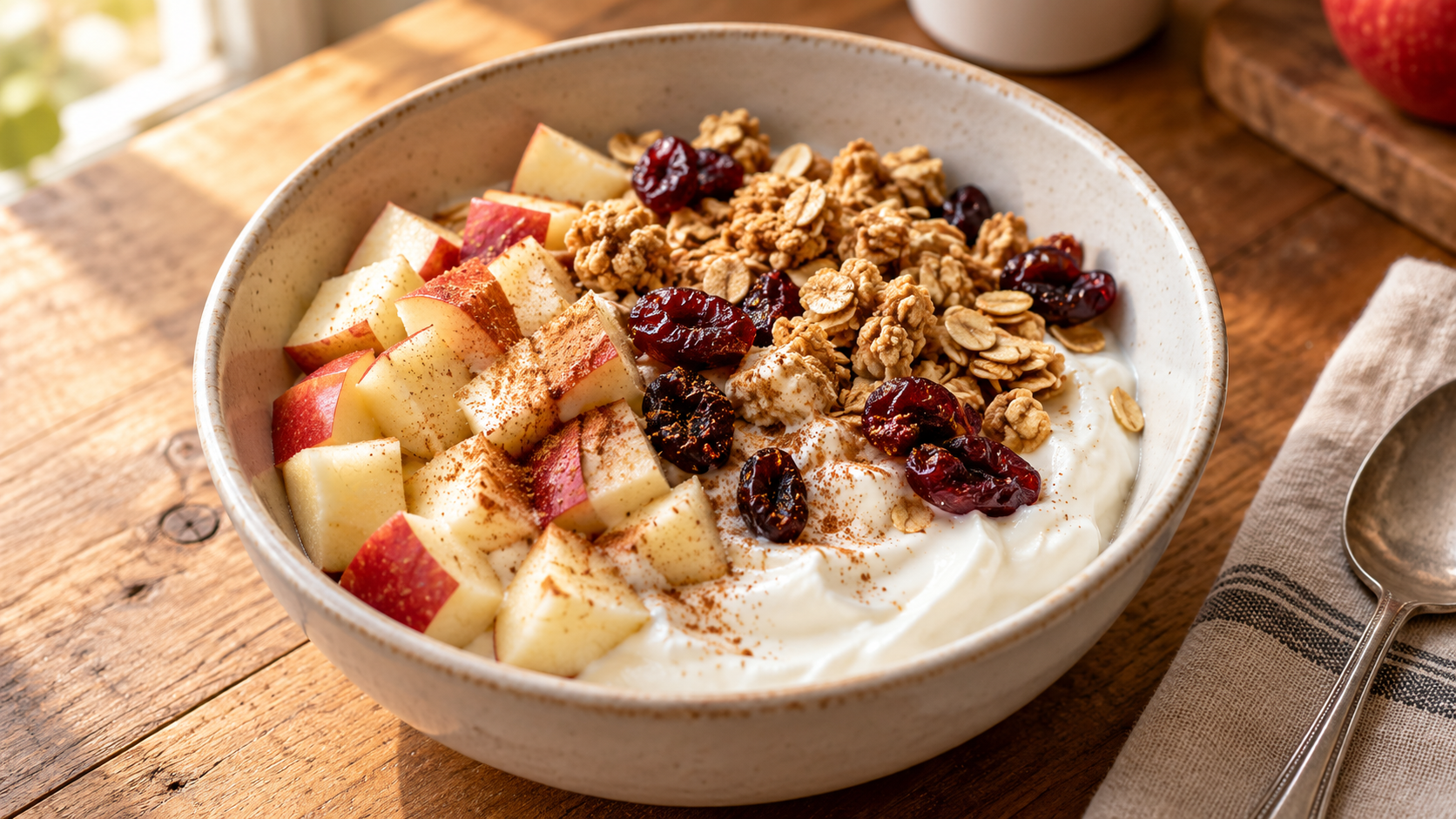 Greek yogurt topped with chopped red apple, dried cranberries, oat granola and cinnamon.