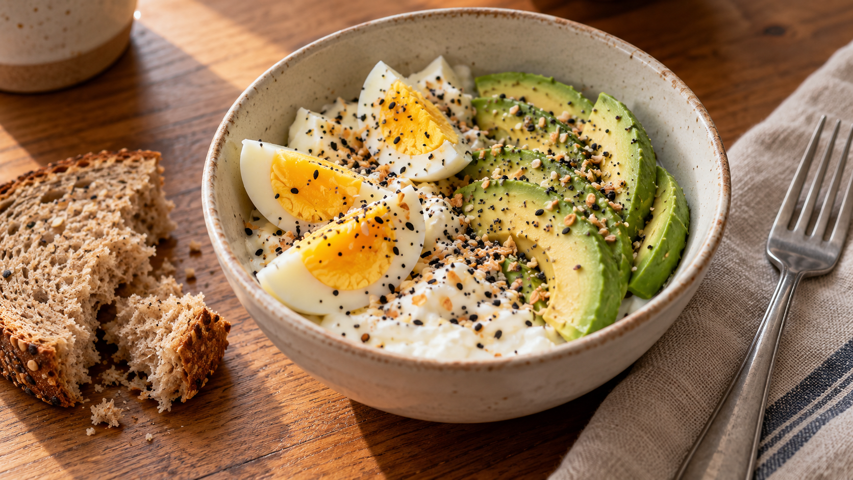 Hard-boiled egg wedges and avocado slices over Greek yogurt with everything bagel seasoning and bread alongside.