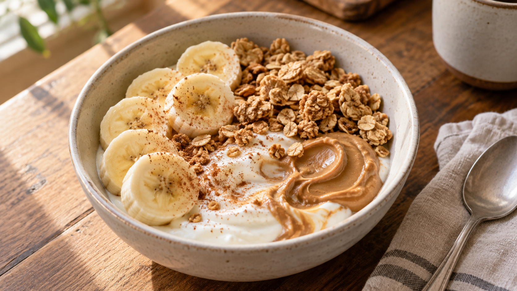 Greek yogurt with sliced banana, a creamy peanut butter swirl, oat granola and a light sprinkle of cinnamon.