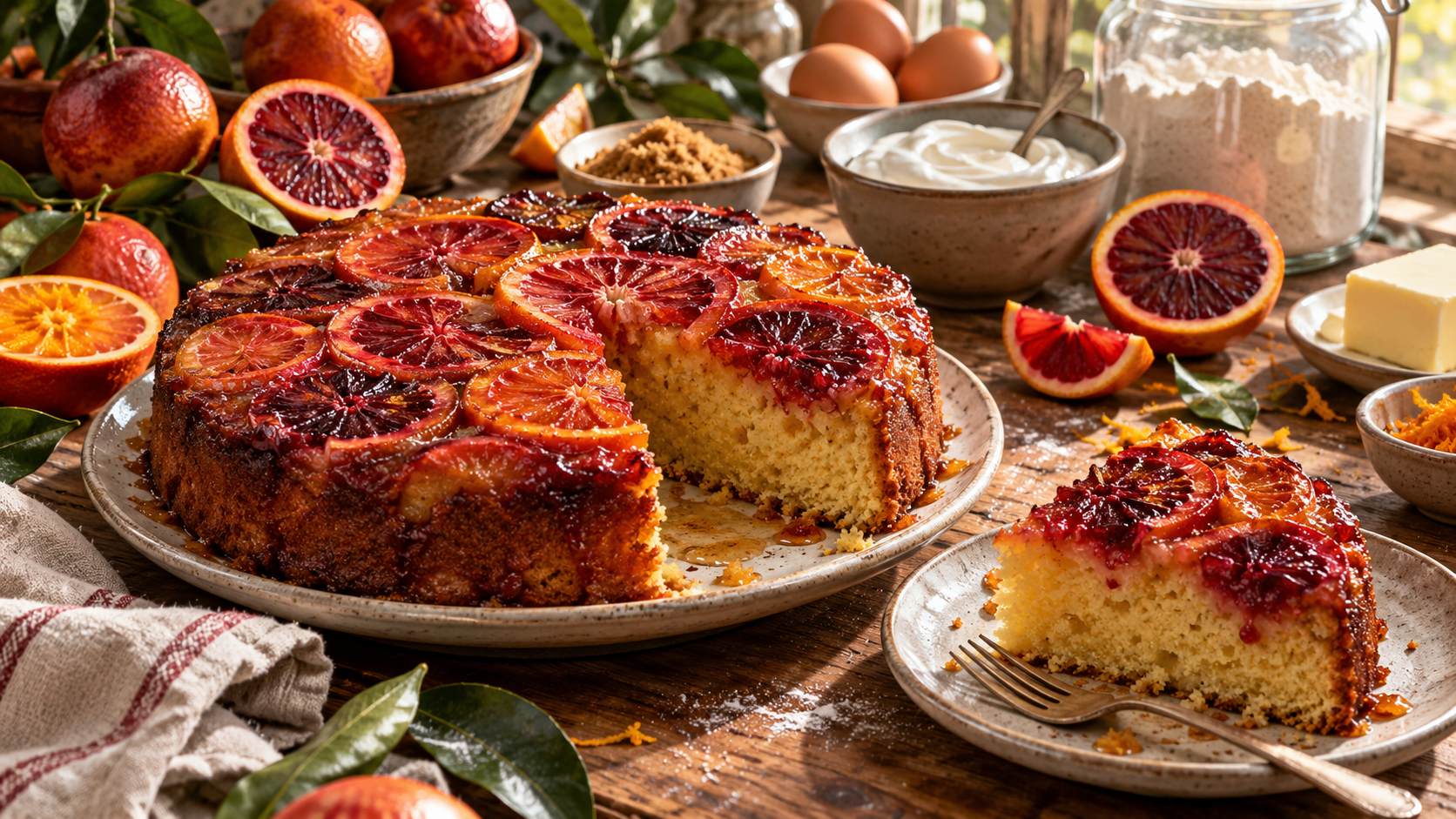 Blood orange upside-down cake topped with glossy ruby citrus rounds, with a slice alongside fresh oranges and baking ingredients.