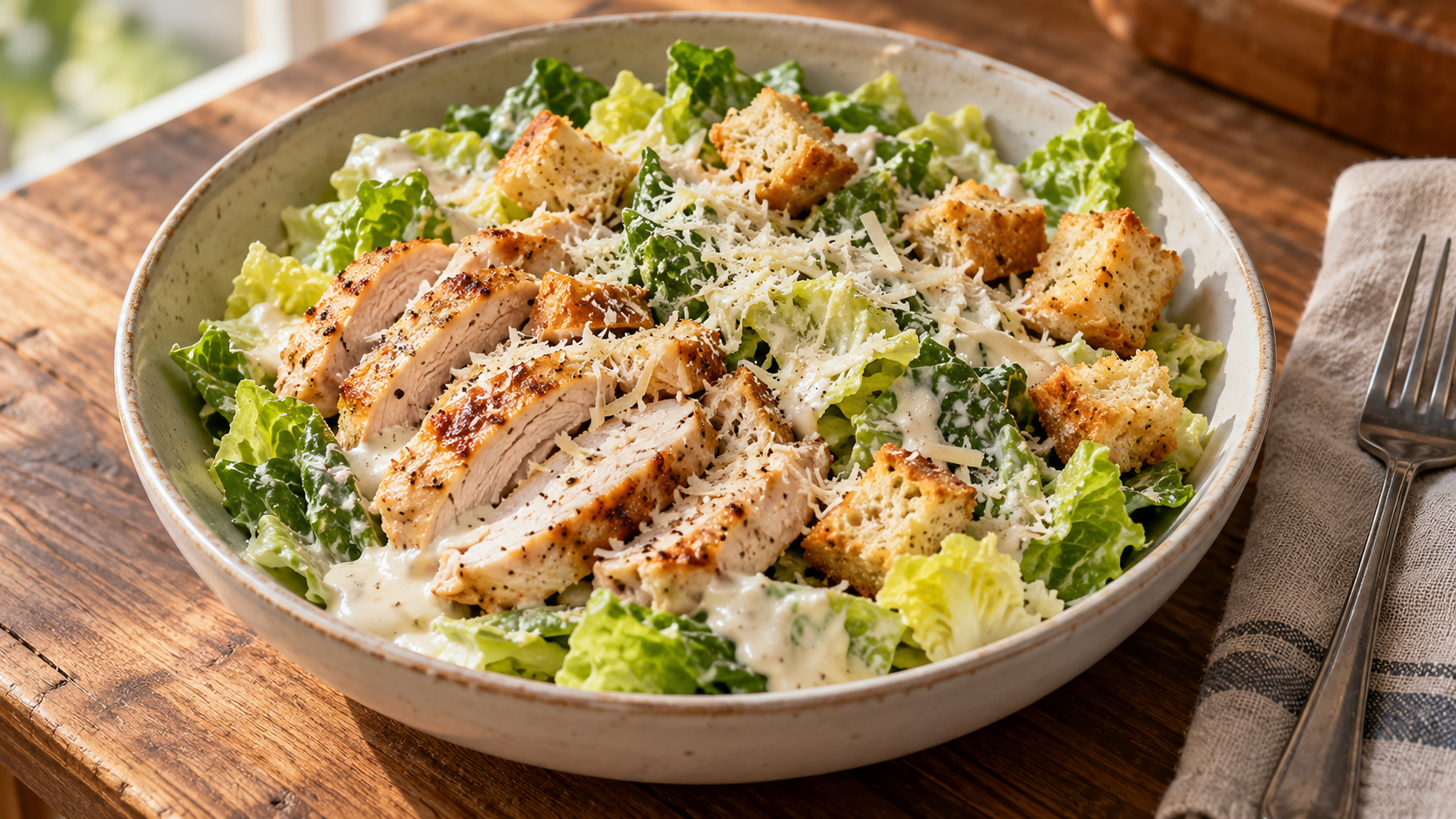 Sliced cooked chicken, romaine, Parmesan and croutons with creamy Greek yogurt Caesar-style dressing.