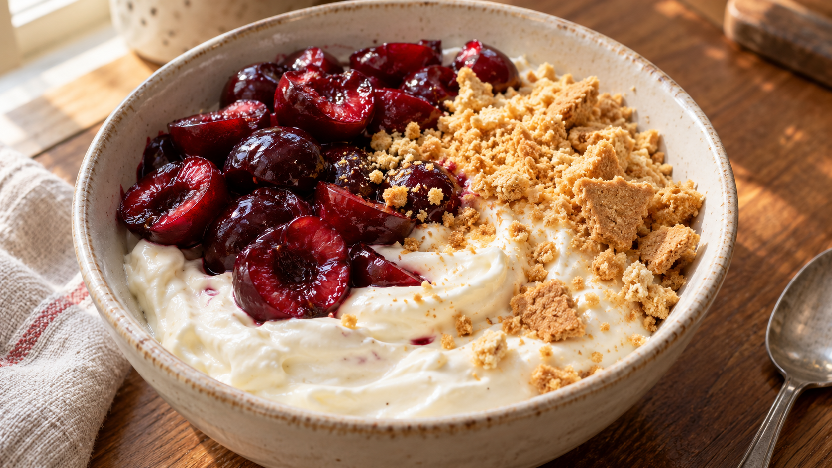 Creamy vanilla Greek yogurt topped with pitted cherry halves and graham-cracker crumbs.