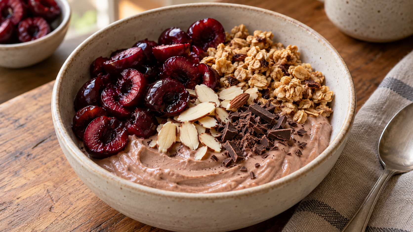 Cocoa Greek yogurt topped with pitted cherry halves, oat granola, sliced almonds and dark chocolate shavings.