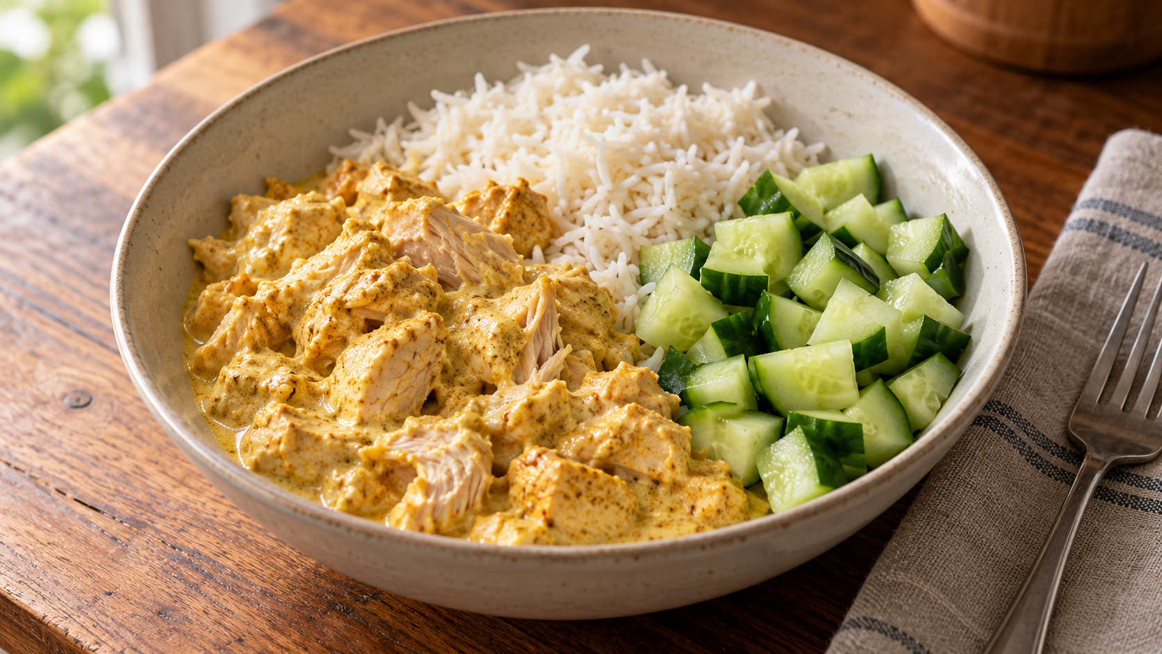 Chicken coated in creamy golden curry yogurt served with rice and chopped cucumber.