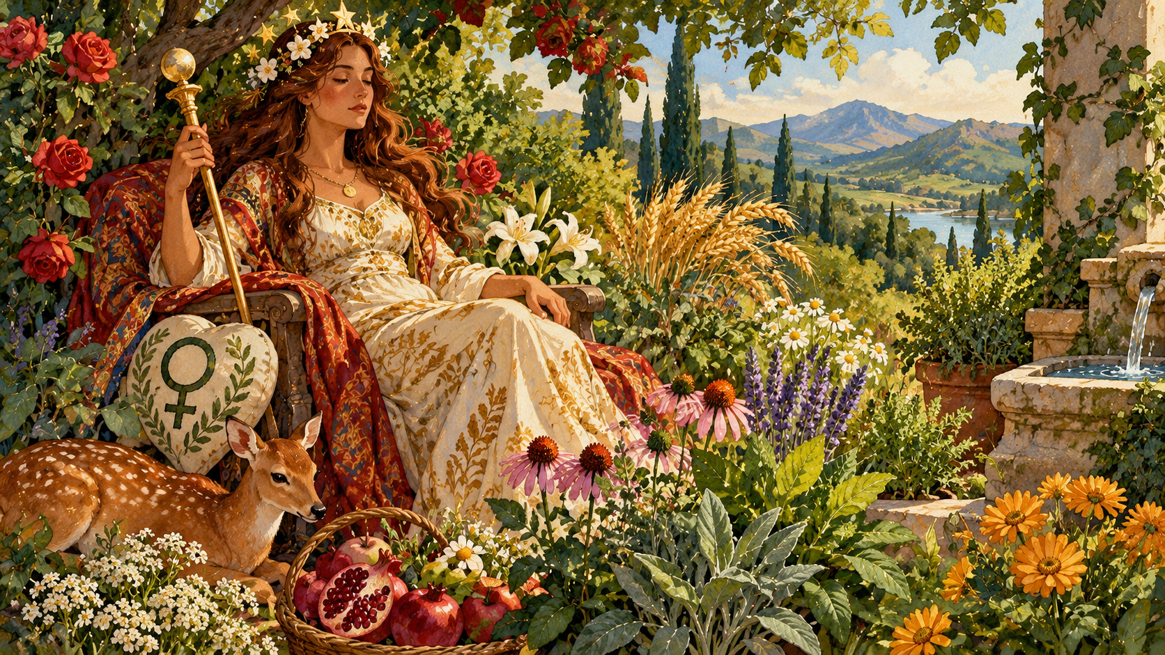 Watercolor-and-ink illustration of an Empress seated in a lush flowering garden with golden wheat, roses, herbs, a flowing fountain, and a distant green landscape.