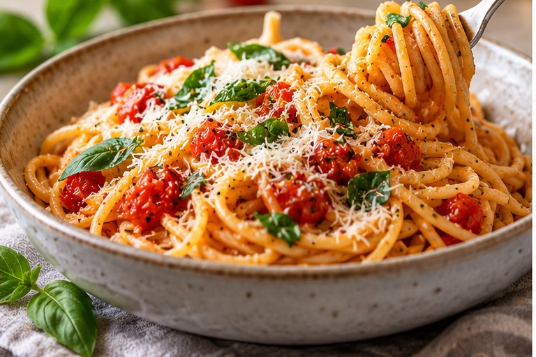 Finished tomato basil spaghetti with fresh tomatoes, Parmesan and basil