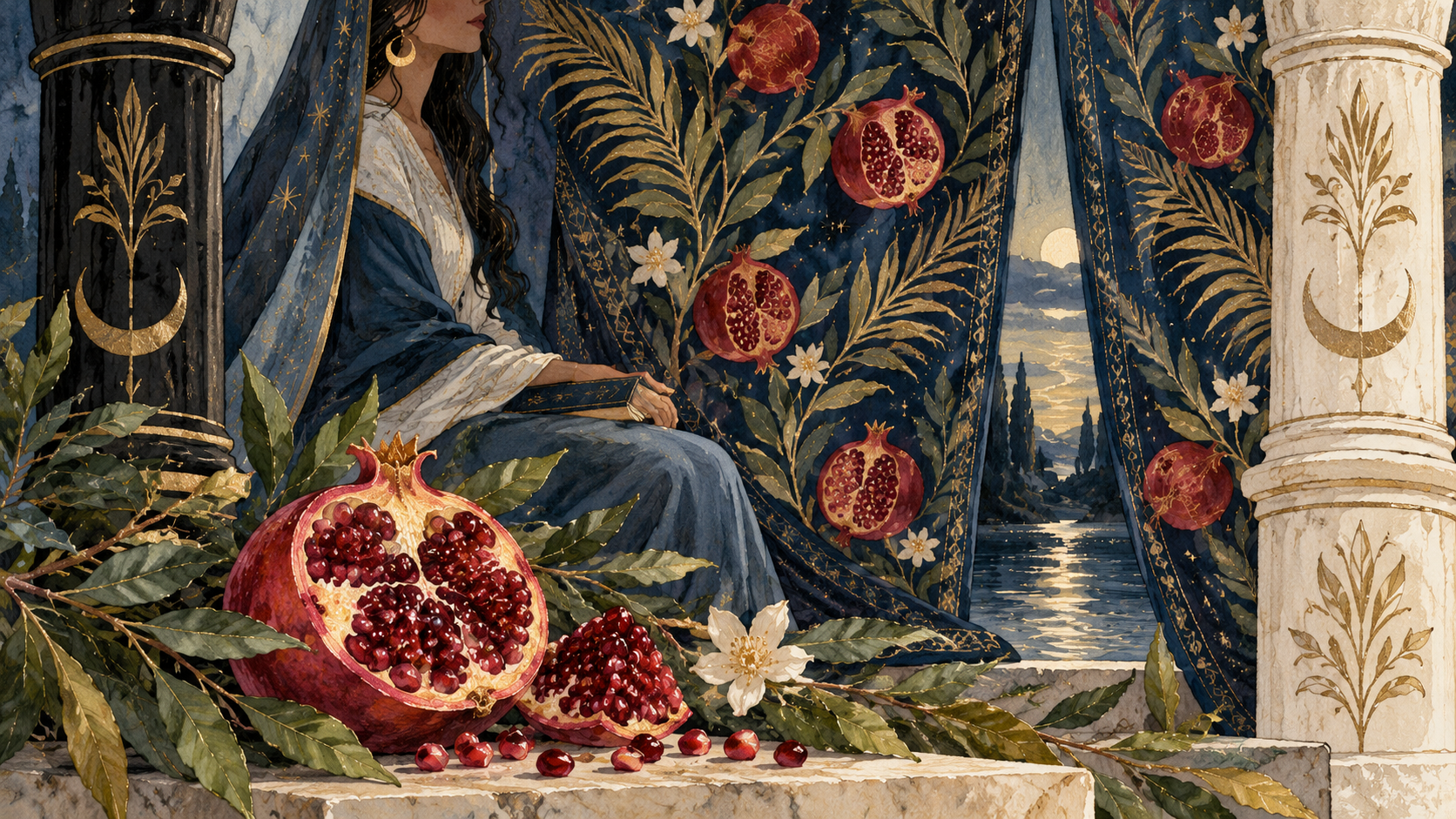 Storybook watercolor-and-ink illustration of the High Priestess with a pomegranate-embroidered curtain, dark and light pillars, and an open pomegranate in the foreground.