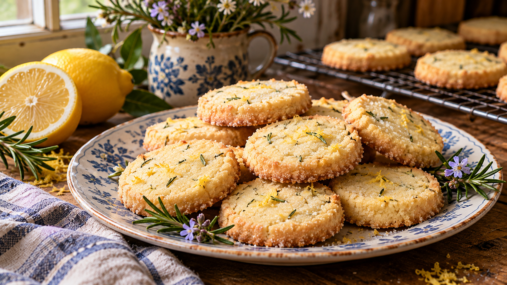 Golden lemon rosemary shortbread cookies with fresh lemon zest and rosemary on a blue-and-white plate in a rustic kitchen.