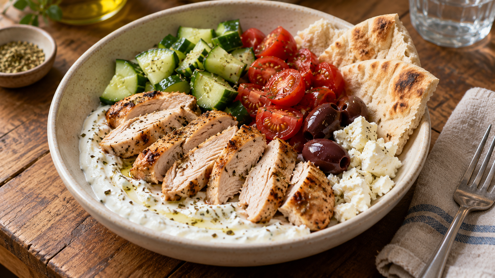 Sliced cooked chicken, cucumber, tomatoes, Kalamata olives, feta and torn pita over herbed Greek yogurt.