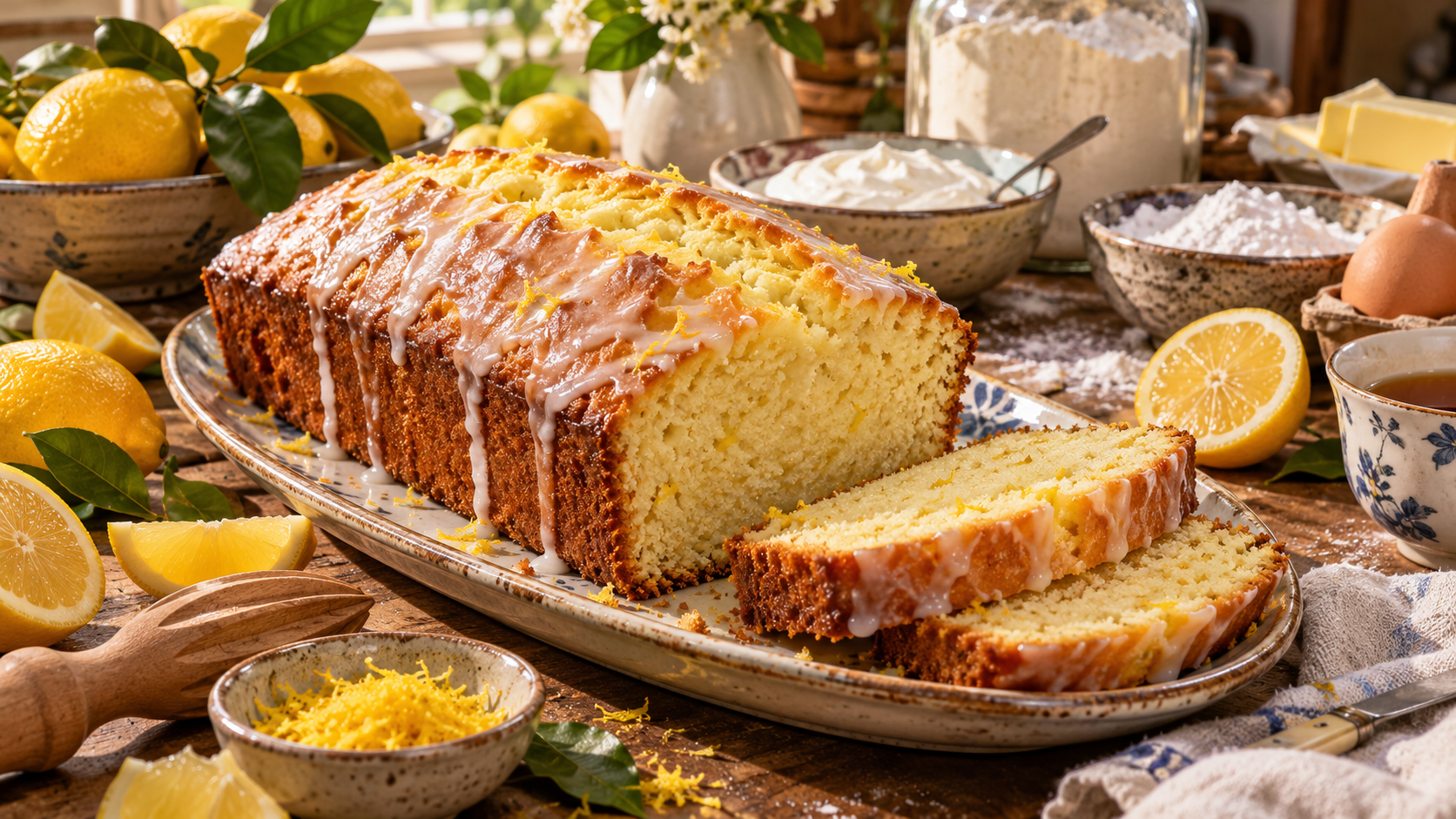 Glazed Meyer lemon loaf with two slices on a ceramic platter, surrounded by fresh lemons, yogurt, flour, butter, and eggs.