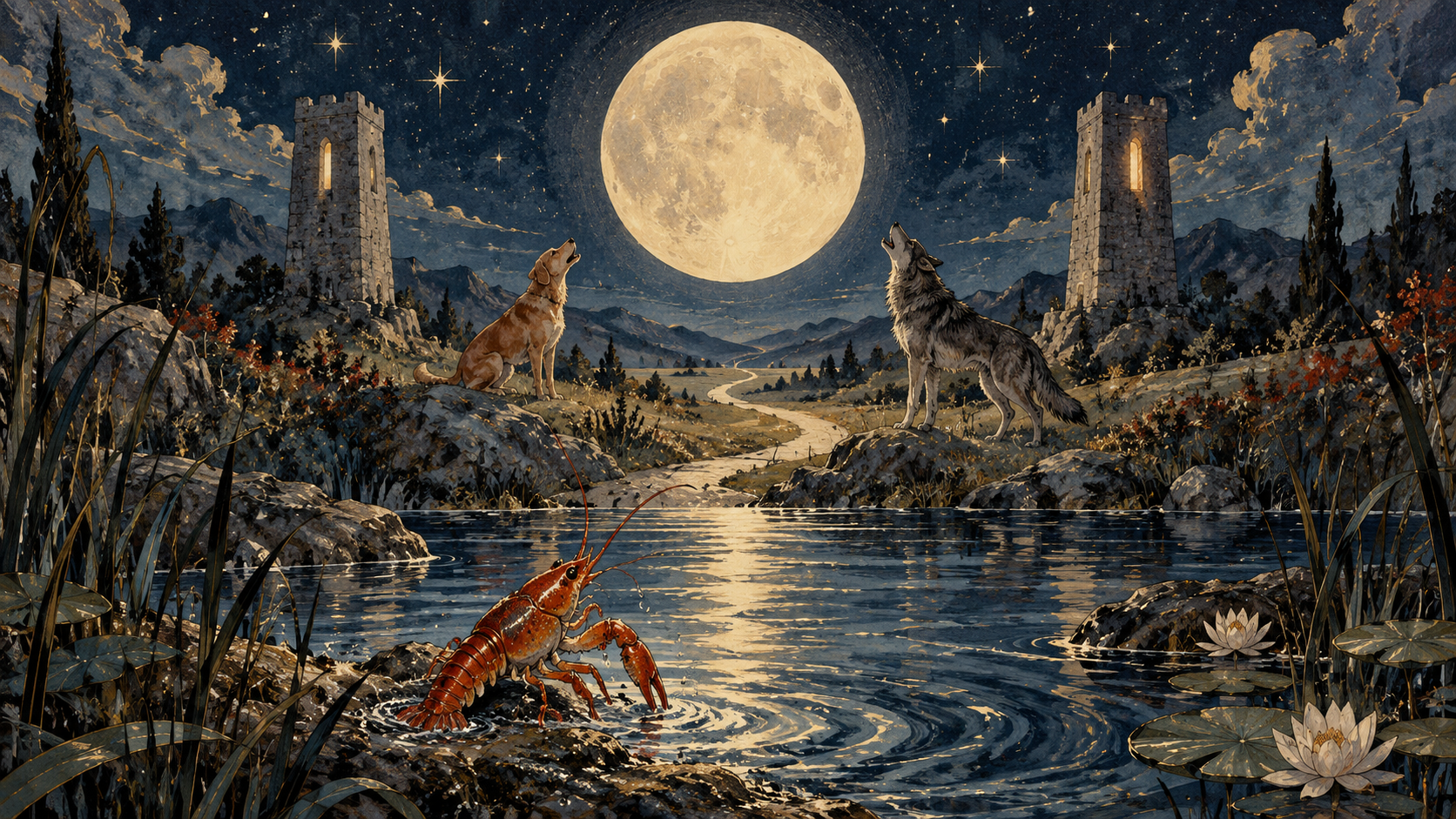 Illustrated Moon tarot landscape with a small rust-red crayfish emerging from a pond, a dog and wolf beneath a full moon, and two stone towers in the distance.