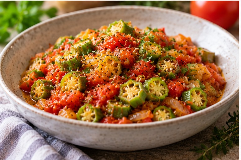 Finished okra and tomato skillet served in speckled ceramic bowl