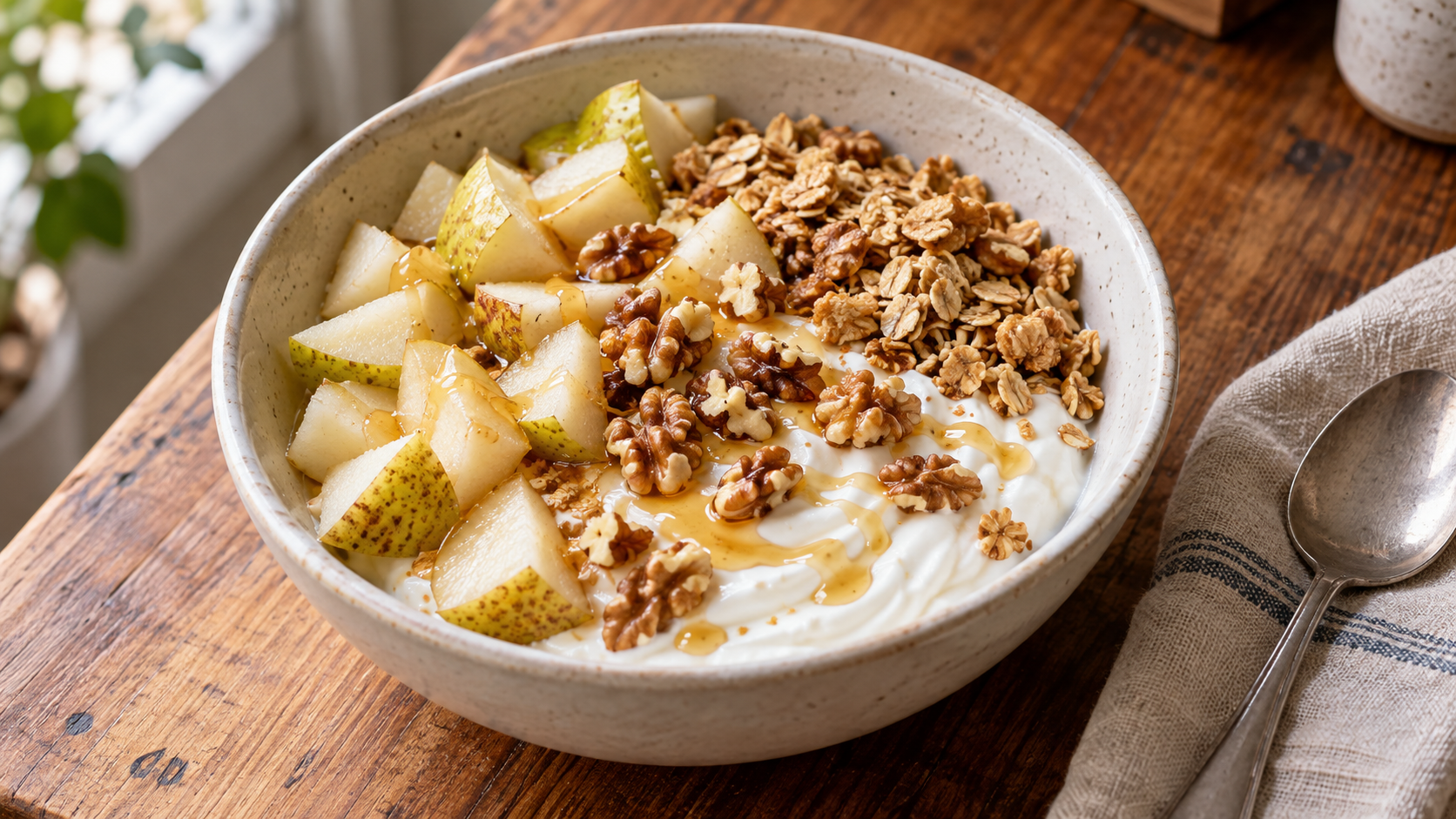 Greek yogurt topped with chopped fresh pear, walnuts, oat granola and a drizzle of honey.