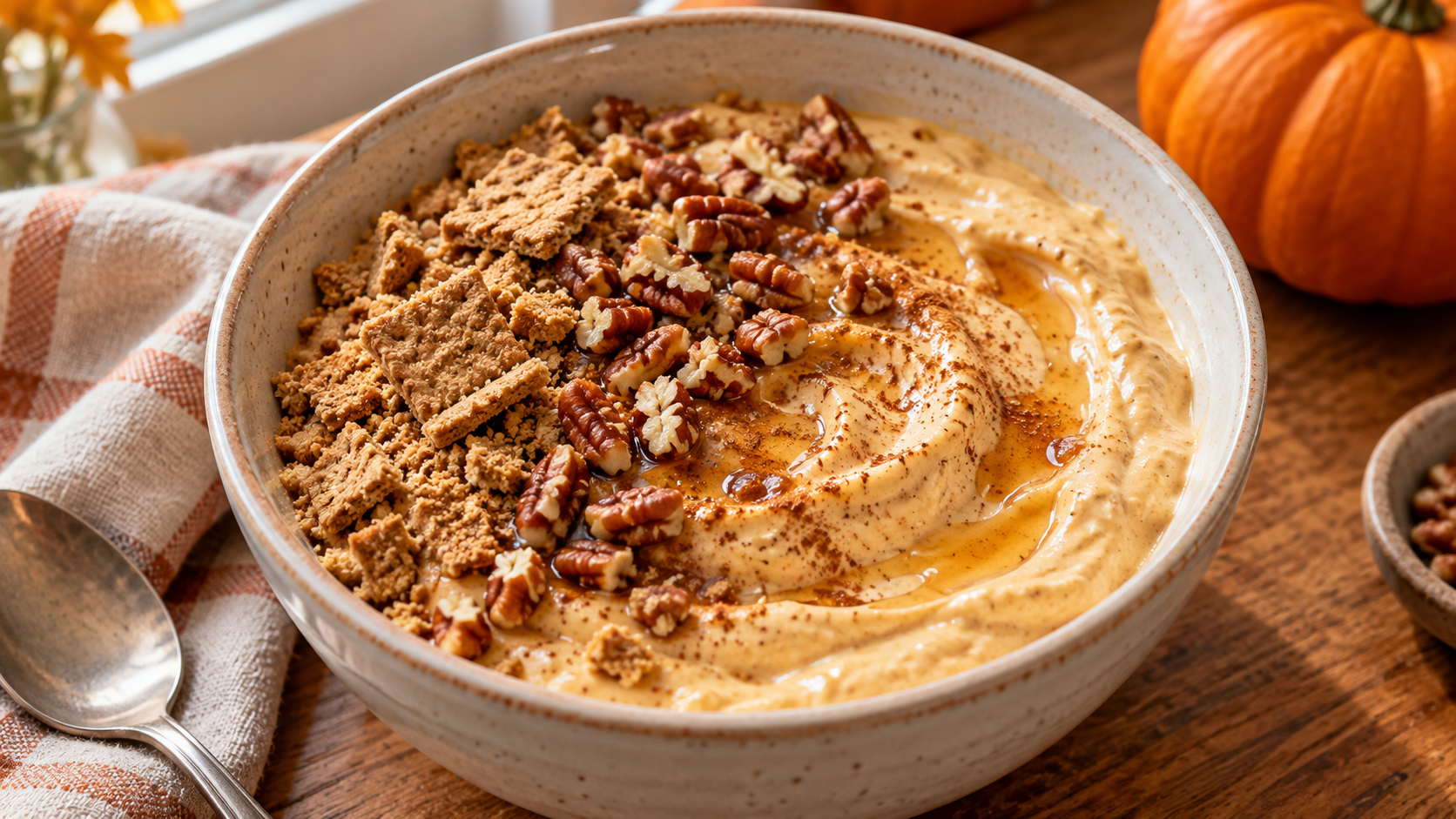 Creamy pumpkin Greek yogurt topped with graham-cracker crumbs, chopped pecans, maple syrup and spices.