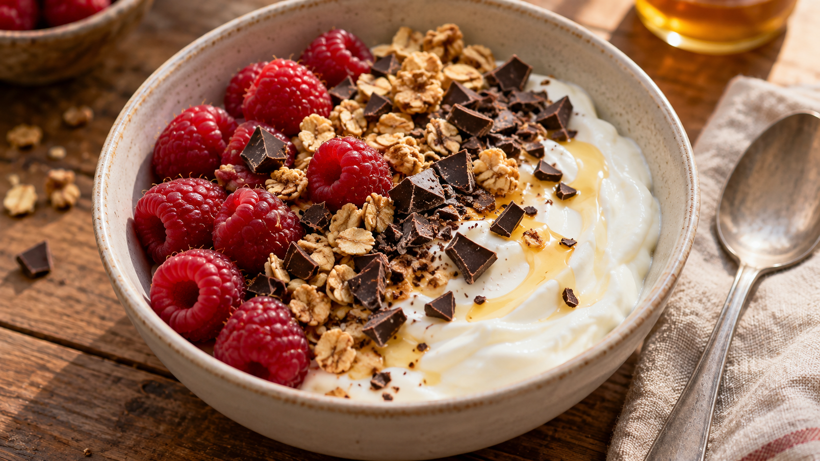 Greek yogurt topped with fresh raspberries, oat granola, dark chocolate pieces and a light drizzle of honey.