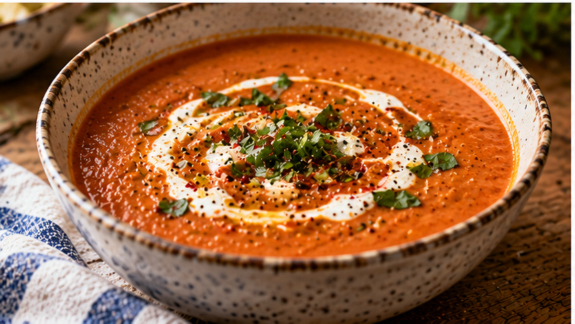 Finished roasted tomato and pepper soup with optional cream swirl and fresh basil