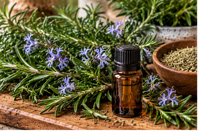 Fresh rosemary and blue flowers around an amber essential oil bottle