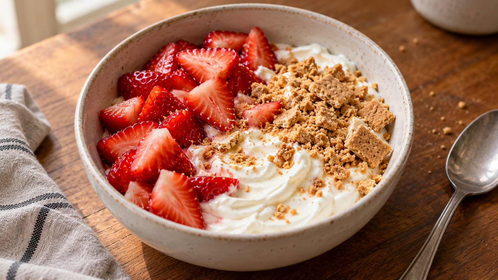 Creamy Greek yogurt topped with sliced fresh strawberries and crumbled graham crackers in a ceramic bowl.