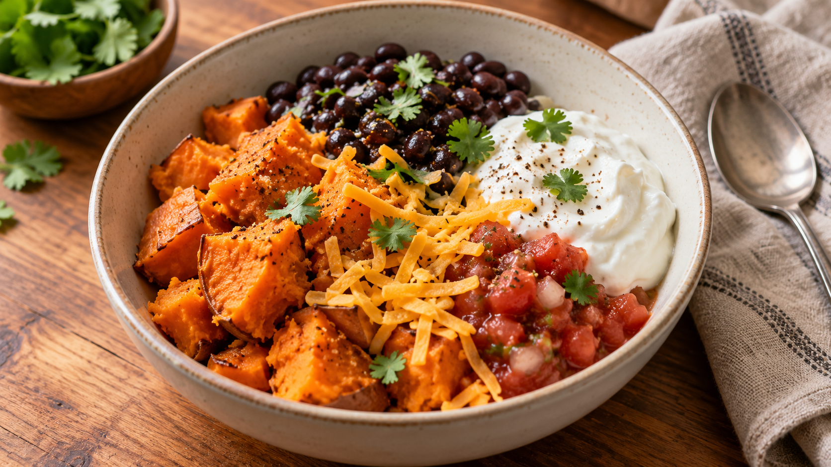 Cooked sweet potato chunks and black beans with Greek yogurt, tomato salsa, shredded cheddar, and cilantro in a ceramic bowl.
