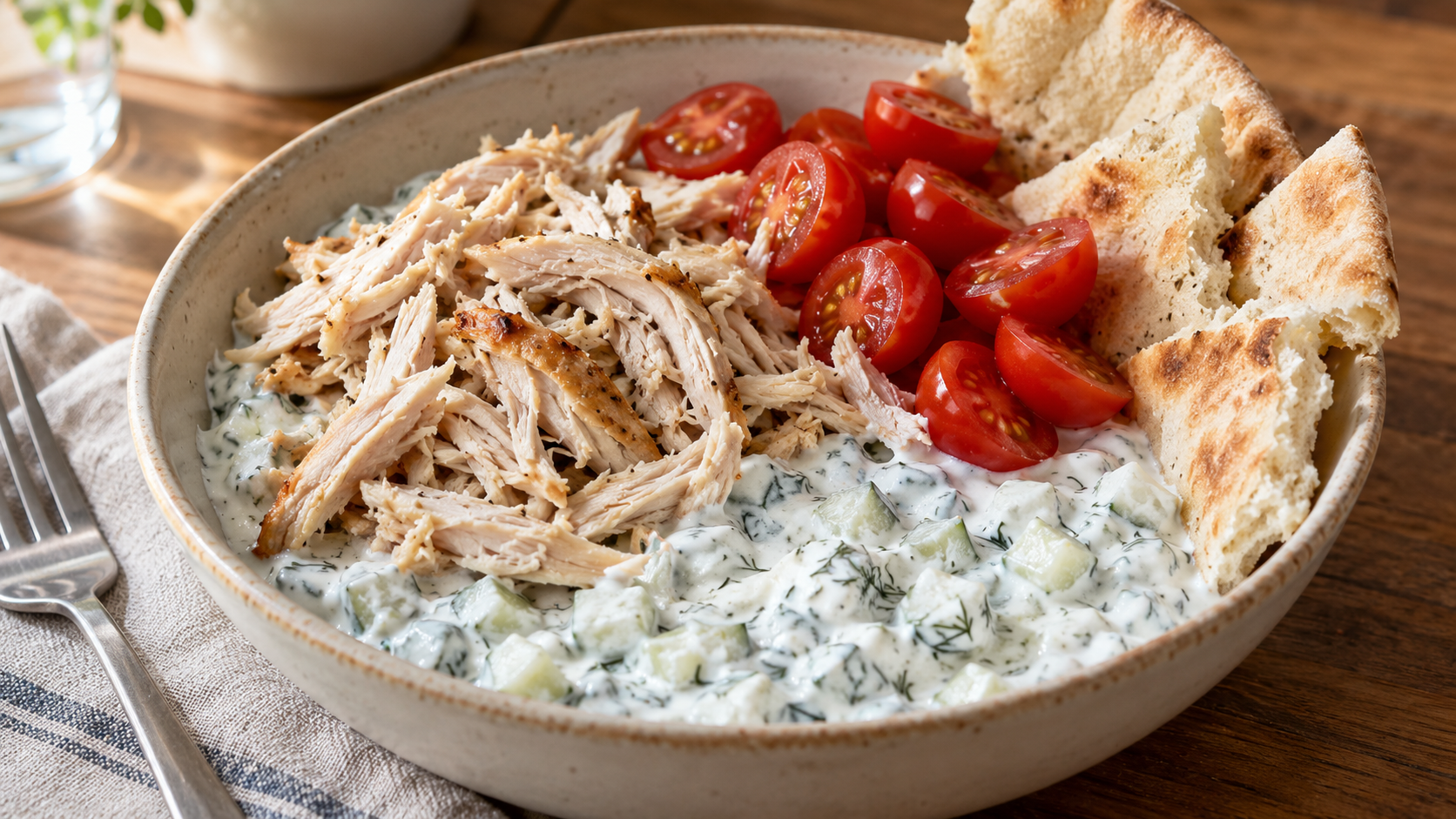 Shredded cooked chicken, cherry tomatoes and torn pita over cucumber-dill Greek yogurt sauce.