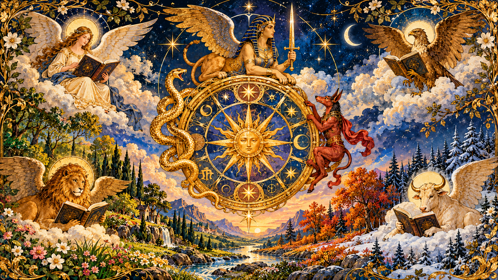 Storybook watercolor-and-ink landscape of the Wheel of Fortune with a blue and gold sphinx holding a sword, serpent and rising jackal, winged book-bearing creatures, and seasons changing below.
