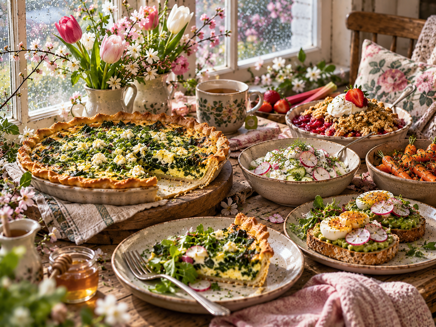 April garden recipes with spring vegetable tart, radish cucumber salad, roasted carrots, egg toast and strawberry rhubarb crumble